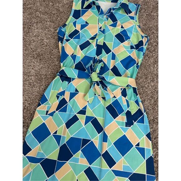 J. Mclaughlin Dolly Catalina Cloth Sleeveless Dress Belted Green/Blue Print XS - Picture 7 of 15
